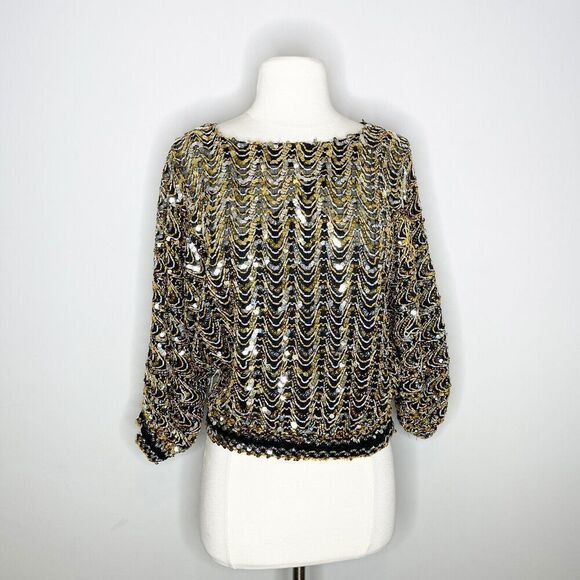 Vintage 80s Three Flaggs XS Sequin Top Black Gold Flashy Dolman Blouse Stretch - Picture 2 of 16
